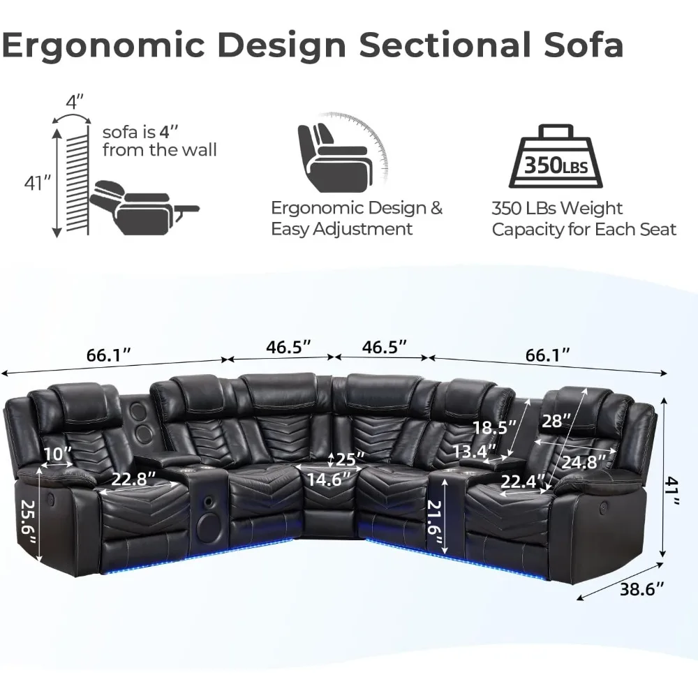 Power Recliner Sectional Sofa Couches with Bass Speakers for Living Room, Leather Reclining Corner Sectionals Sofa Couch Sets