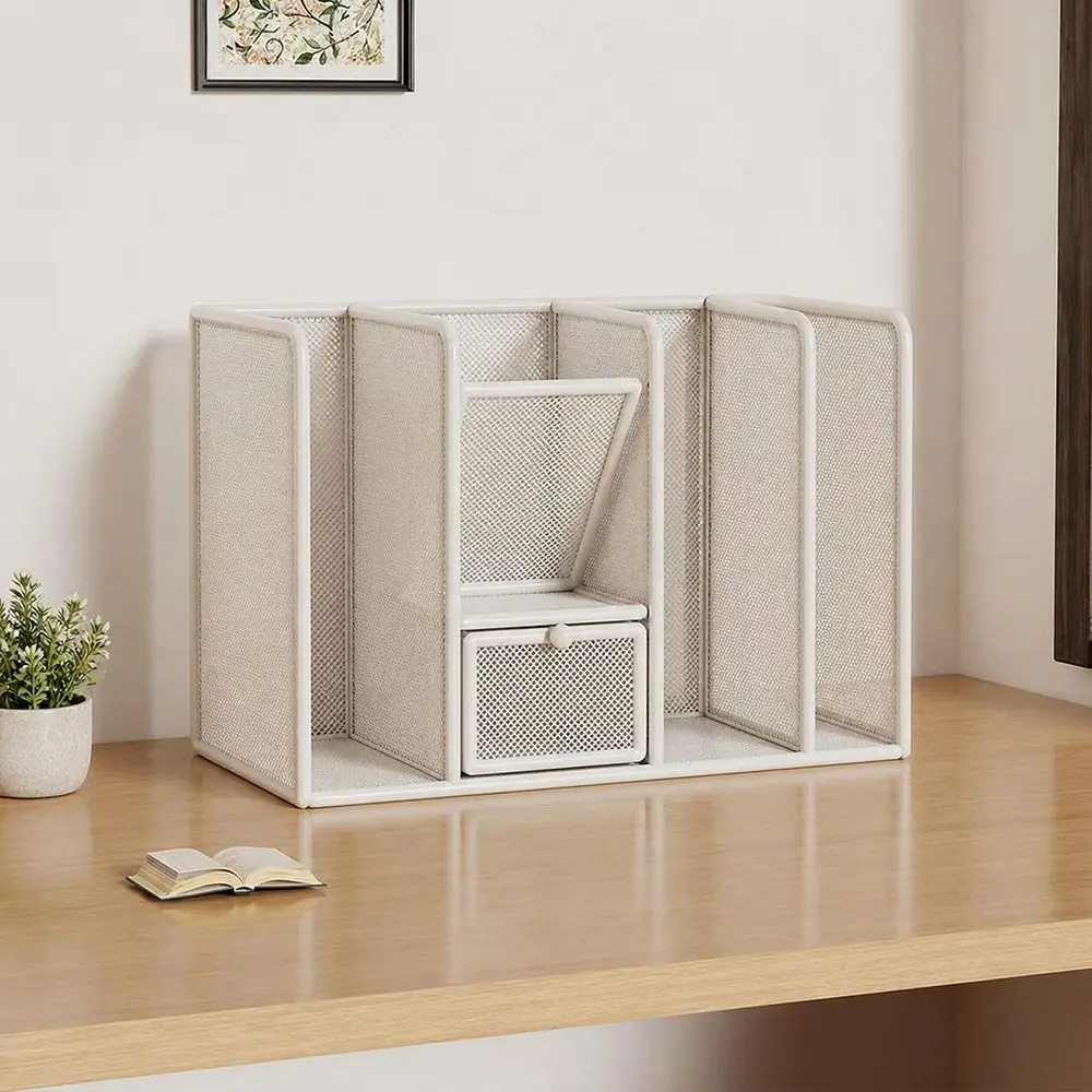 Metal Desk Book Rack Multi-Compartment Pull-Out Drawers Desk Stationery Organizer Mesh Structure