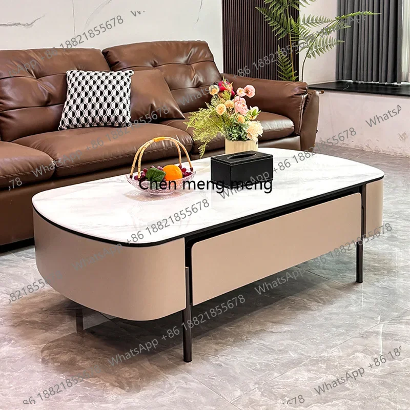 

RR Modern Home Center Tables with Storage Drawer High-End Oval Rock Slab TV Cabinet Coffee Table Set Luxury Living Room Tea Tabl