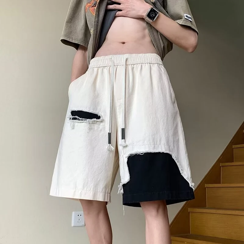 

Мужские шорты в американском стиле, свободные прямые повседневные Широкие штаны в стиле пэчворк контрастных цветов с поясом на резинке, лето 2024