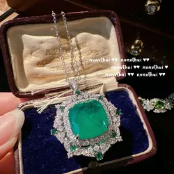 Sterling 925 Silver Elegant Green Zircon Geometric Pendant Necklace for Women Upscale Bride Wedding Party Trendy Jewelry Gift