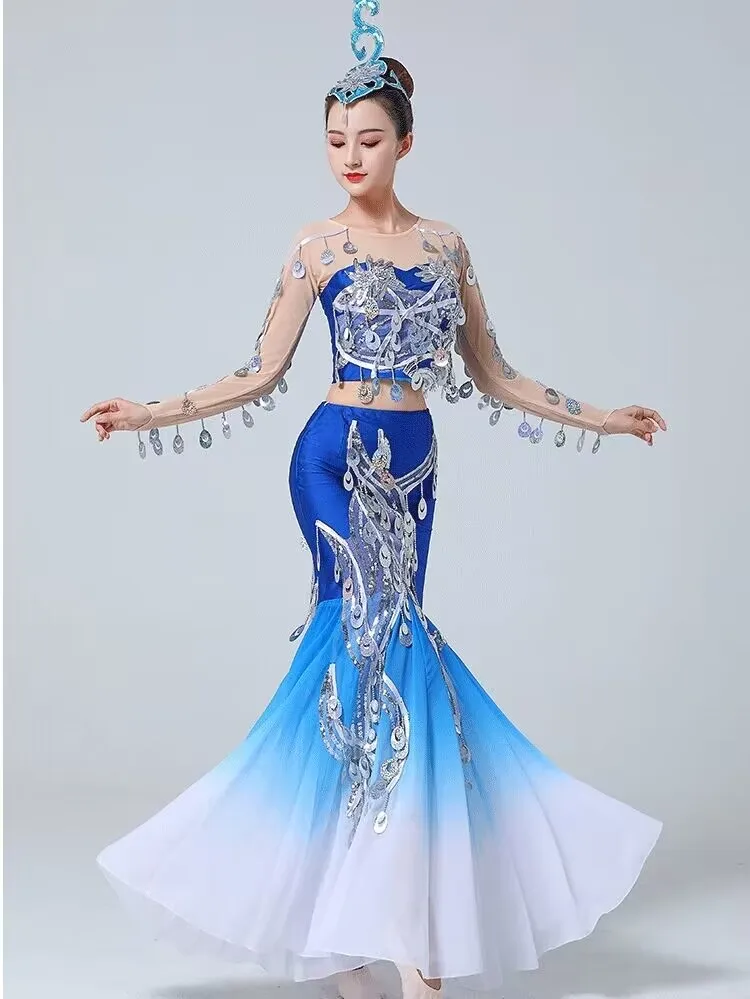 Dança étnica trajes, água espírito, dançarino pavão, lantejoula fishtail, para adulto