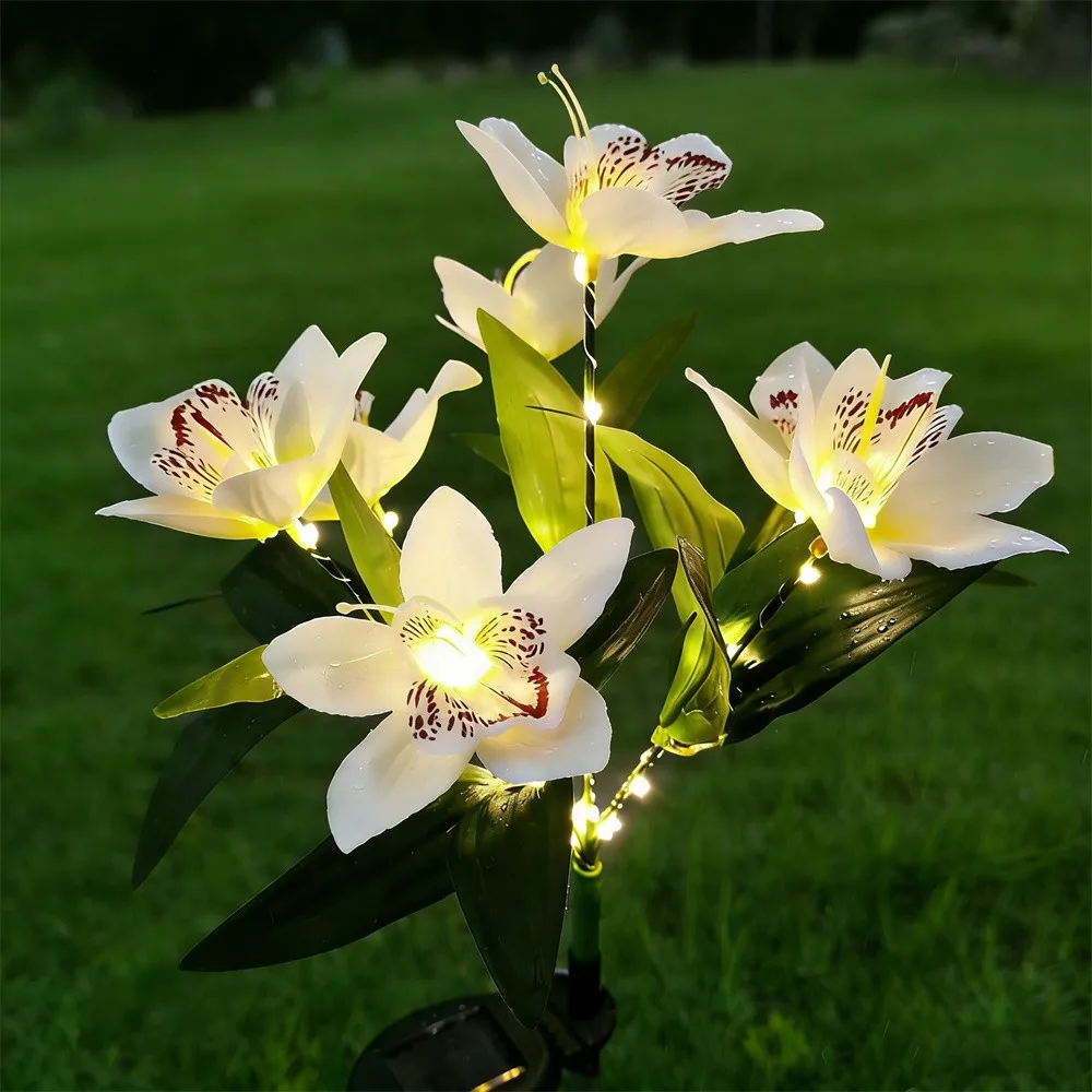 1pc Artificial Flower Lawn Lights, 7-head Solar Orchid Lights for Patio Yard Garden Christmas Decoration LED Solar Ground Lights