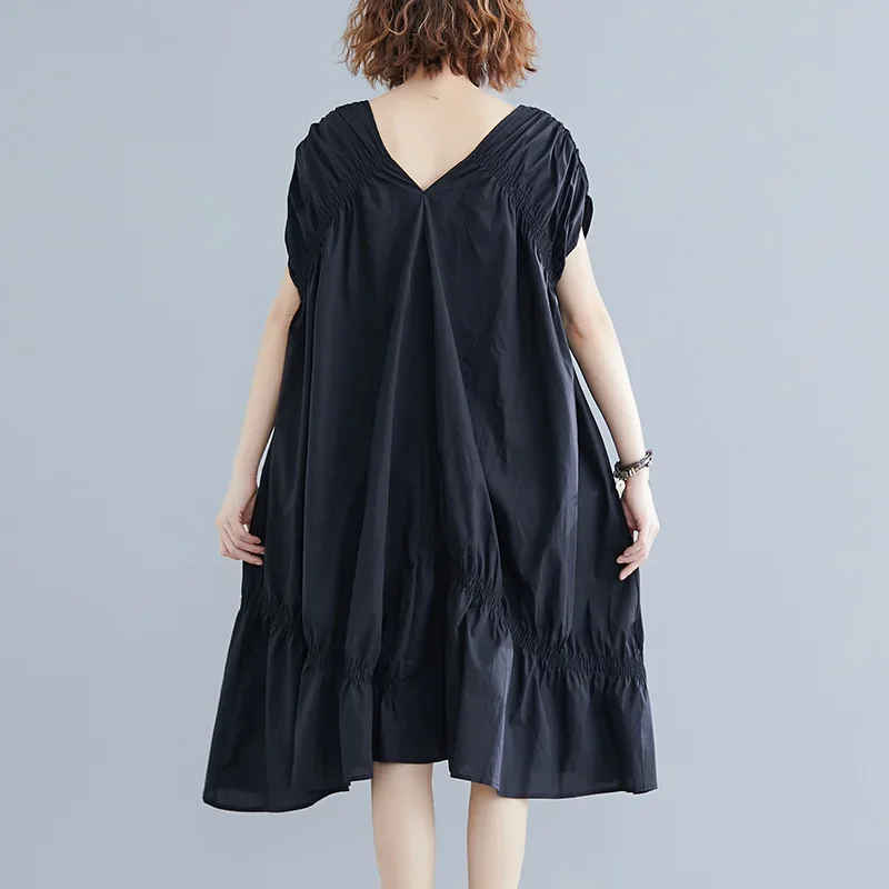 V-neck Dress Irregular Oversized Loose Skirt Black Pleated Fishtail Skirt Fashionable Off The Shoulder New Style Plus Size