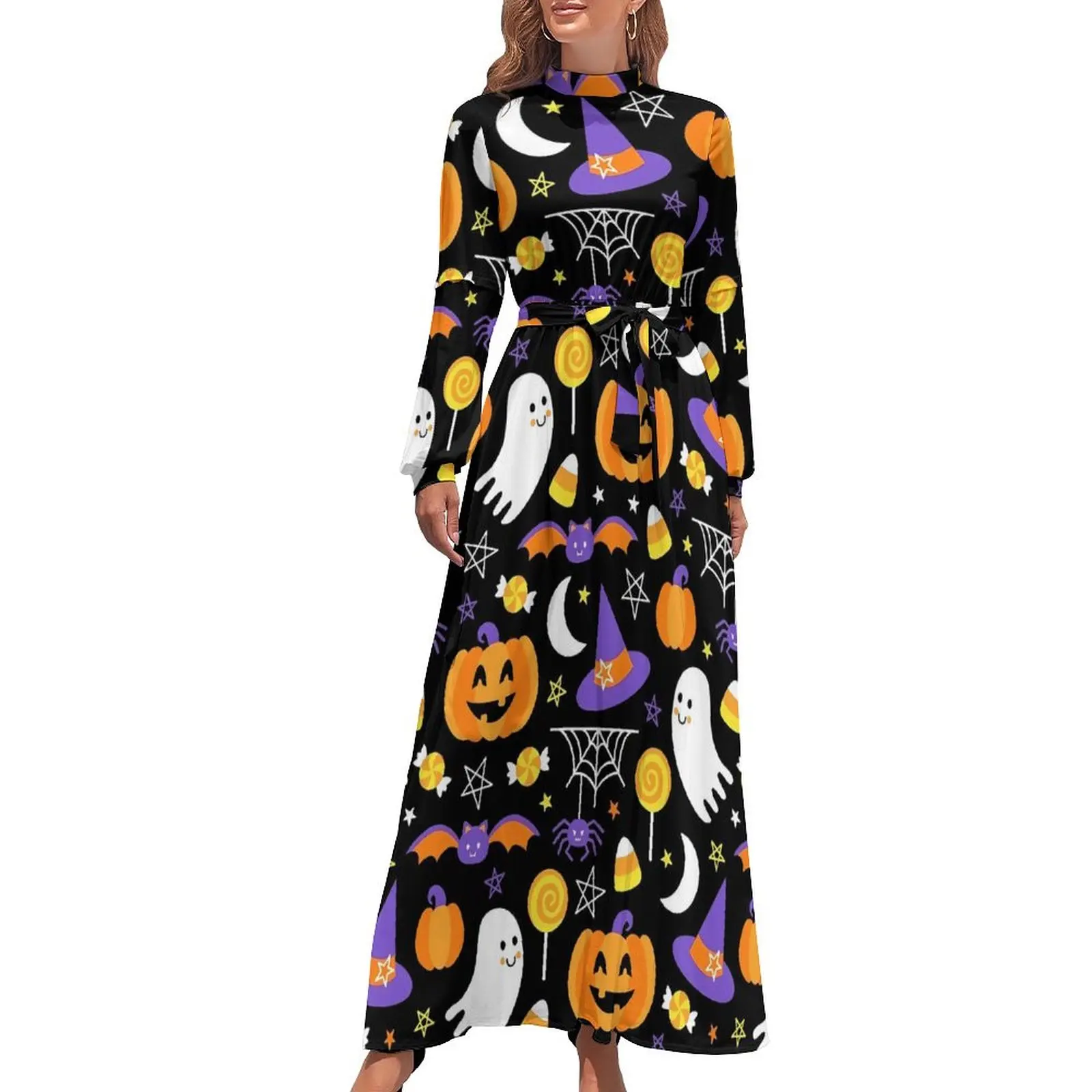 

Happy Haunts Dress High Waist Spooky Cute Halloween Design Bohemia Dresses Long Sleeve Street Fashion Long Maxi Dress Clothes