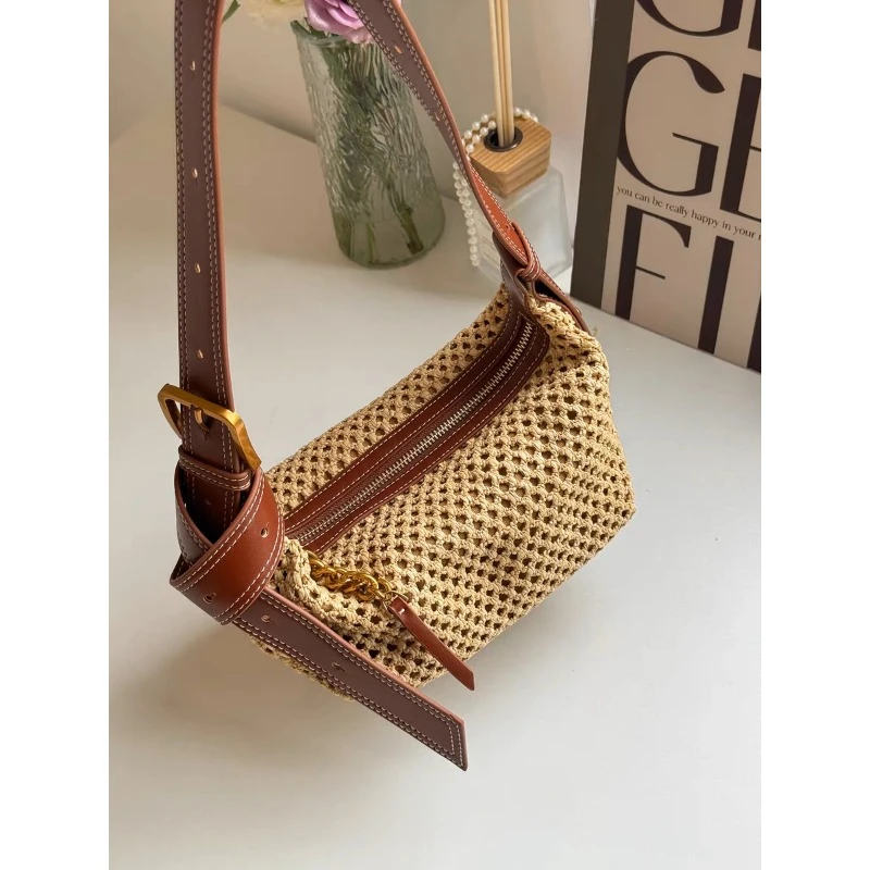 Leather Hollow Crossbody Bag Woven Bag Beach Style Zipper Handbag Retro Leisure Wallet Clutch Bag 명품가방 미니백