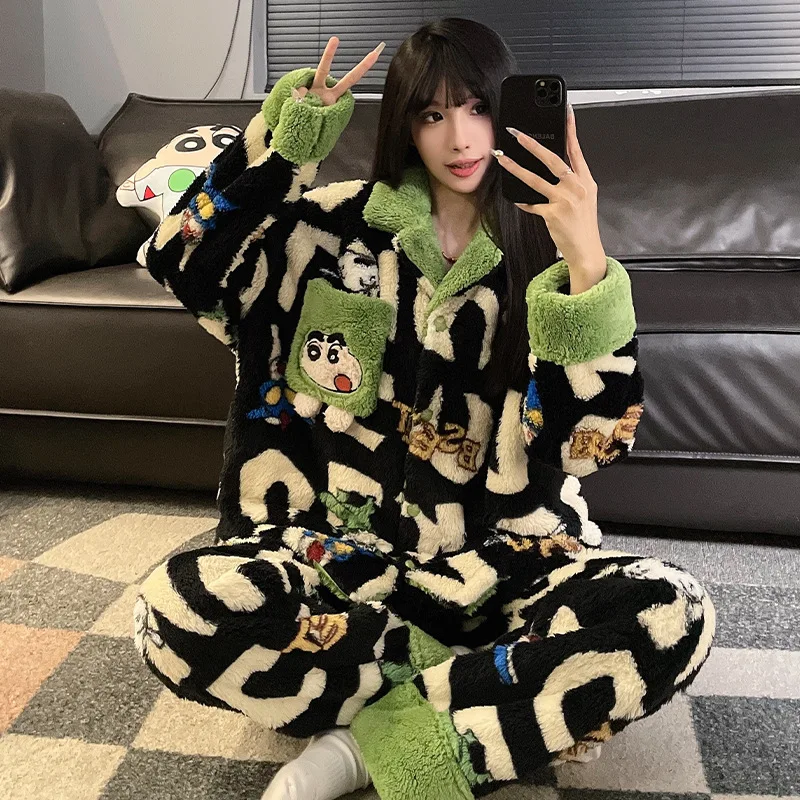 Crayon Shin-chan Pajamas Set Winter Women Men Solid Warm 2PCS Thicken Velvet Fleece Set Couple Casual Pajama Sets Home Suit Gift