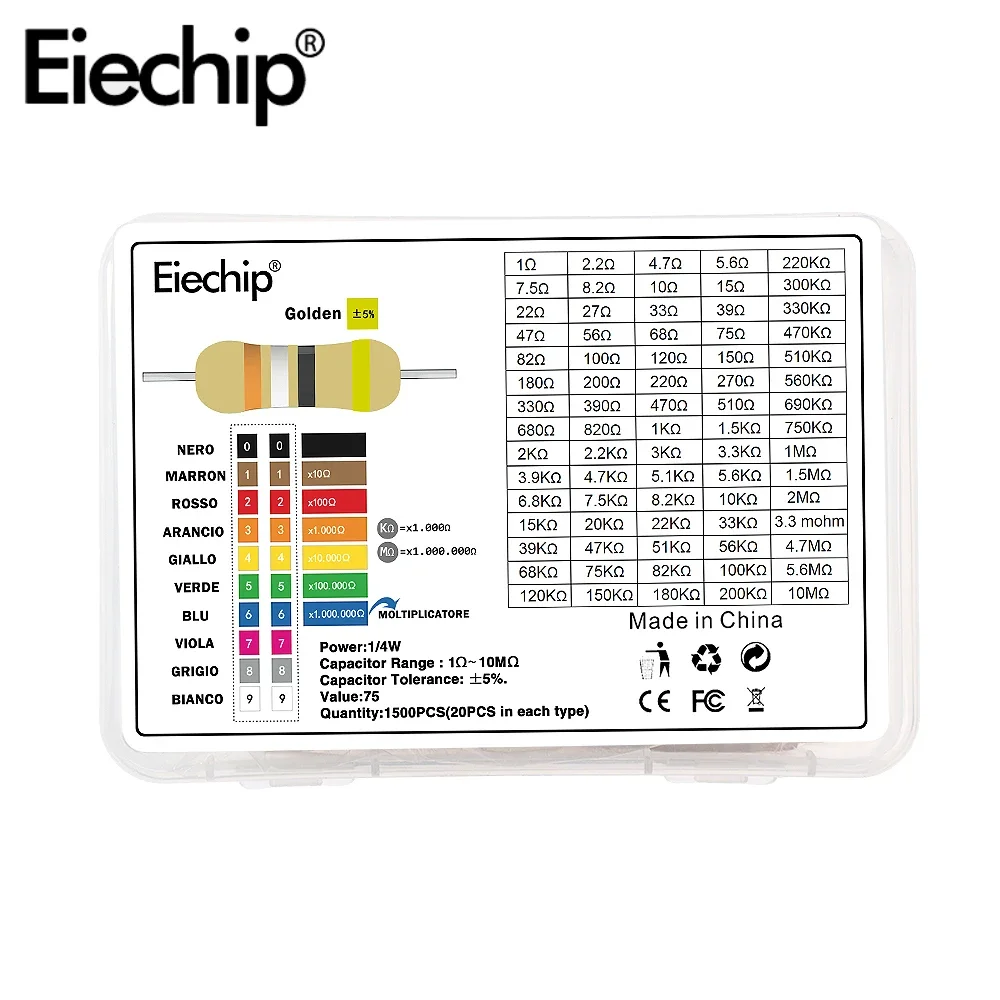 Imagem -02 - Jogo do Resistor do Filme do Carbono com Caixa w 4w 75 Valor x 20 Pcs 1ohm10m 0.25w 1500 Pcs