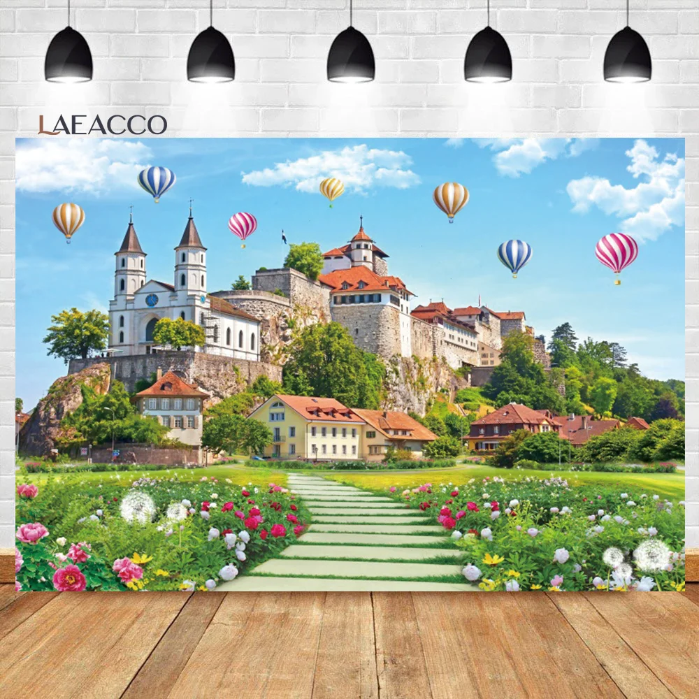 Laeacco Fairytale Castle Hot Air Balloon Sky Clouds Flowers Baby Portrait Room Wall Decor Backdrop Photographic Photo Background