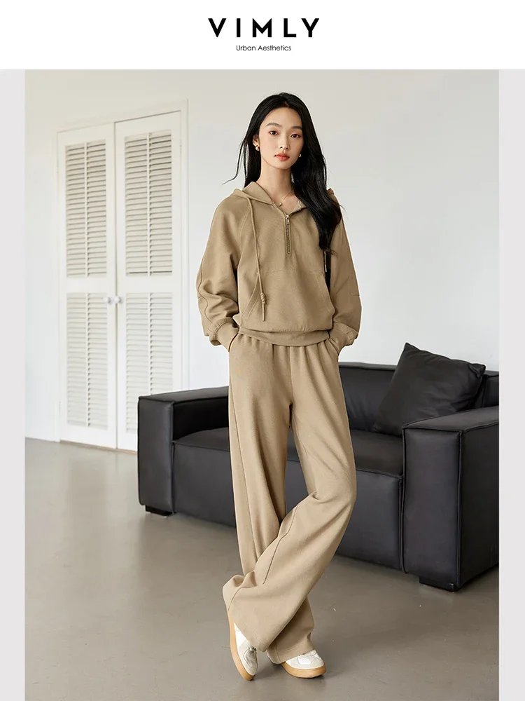 VIMLY Autumn New Women's Casual Suit Solid Simple Long Sleeve Loose Hooded Sweatshirt Sporty Trouser Fashion Commuter 2pcs Set