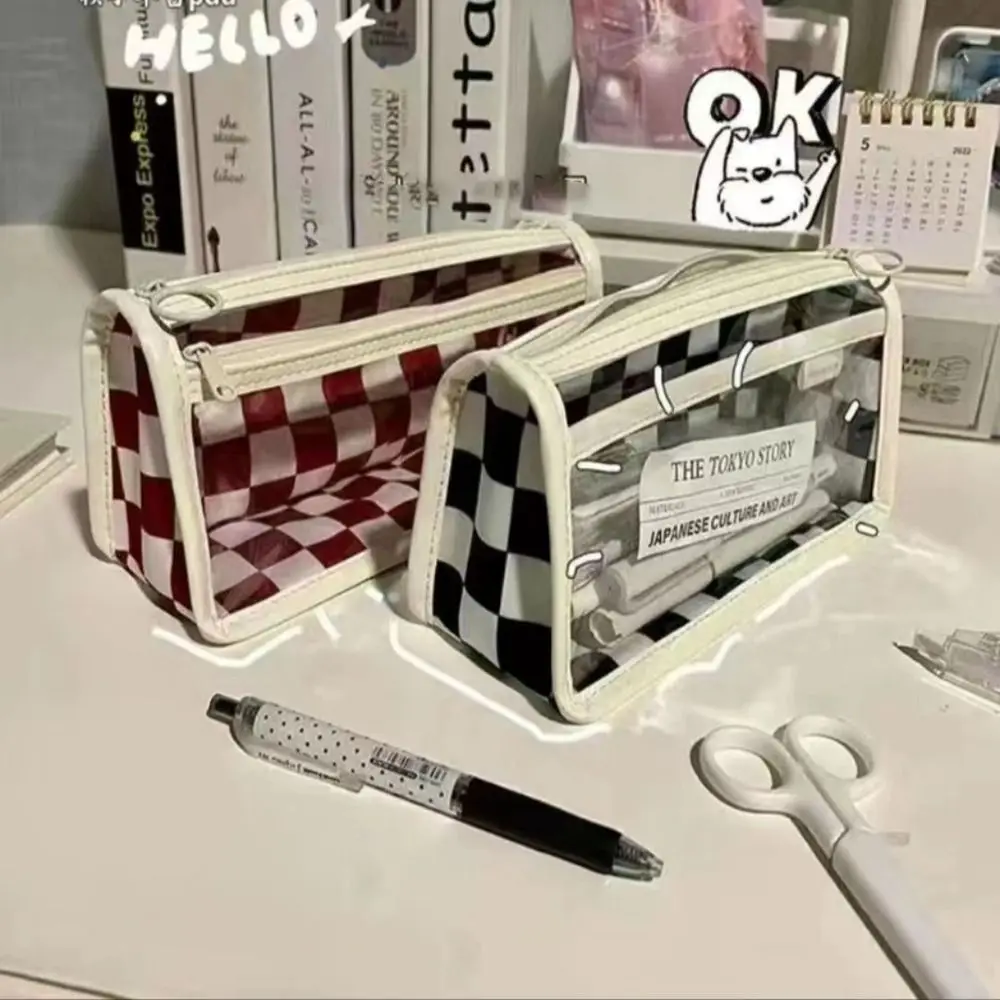 Transparent Checkerboard Pattern Pen Case PVC Waterproof Kids' Pencil Cases Kawai Cassic style Lattice Pencil Bag