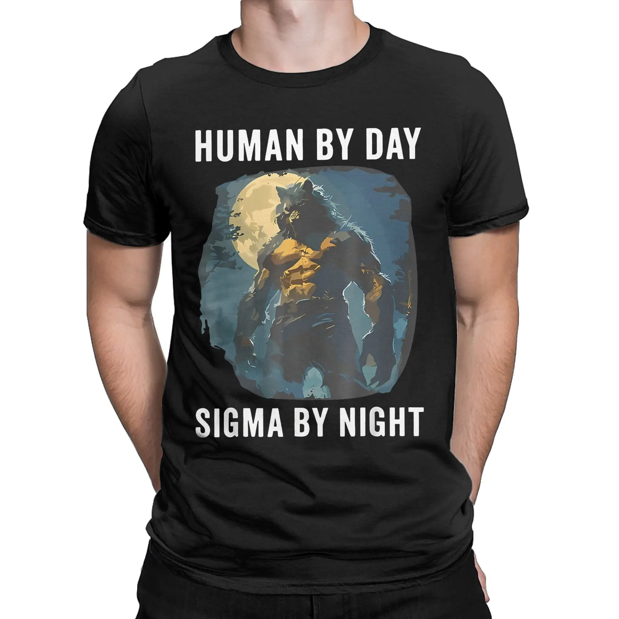 Human By Day Sigma By Night T Shirts Men's  Cotton Novelty T-Shirts Crewneck Wolf Meme Tee Shirt Short Sleeve Clothing Present