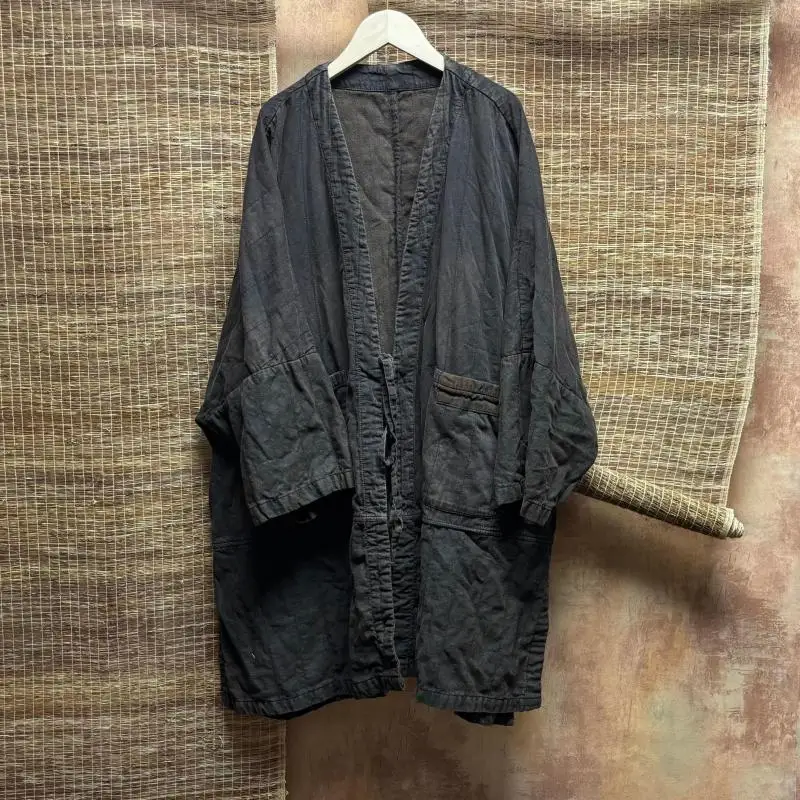 

Осенние новые художественные стильные женские куртки с рукавами «летучая мышь» и двойными карманами с открытой строчкой, винтажные свободные длинные пальто из хлопка и льна с принтом тай-дай