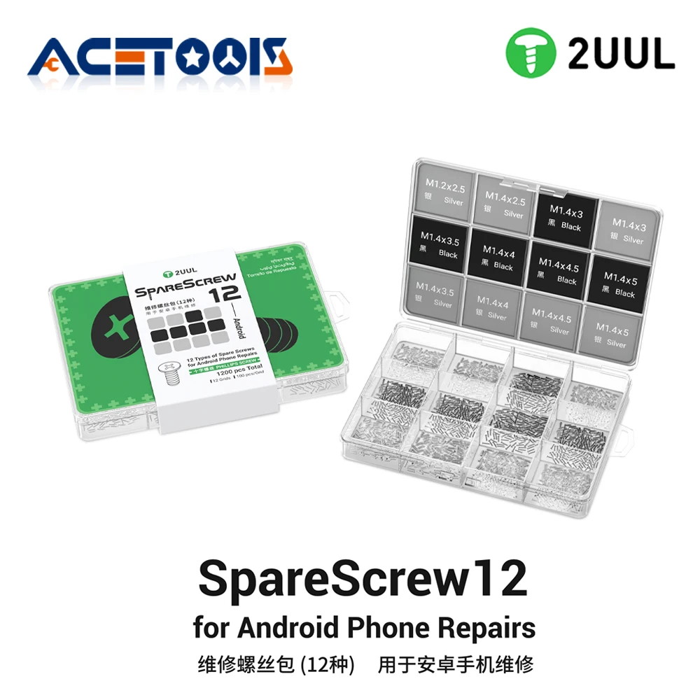 2UUL Android Phone Repair Screw Kit 1200PCS 12 Types M1.2 M1.4 Phillips Cross Screw Assortment Set Silver Black Color Tool