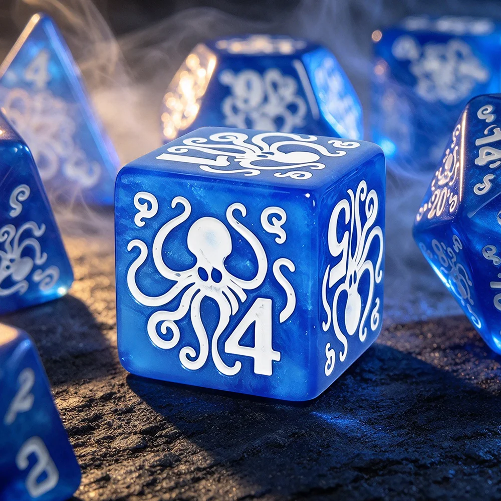 7Pcs/Set Acrylic Polyhedral Dice Blue Acrylic With Octopus Engraved Pattern with White Numbers For Dungeons And Dragons DND RPG