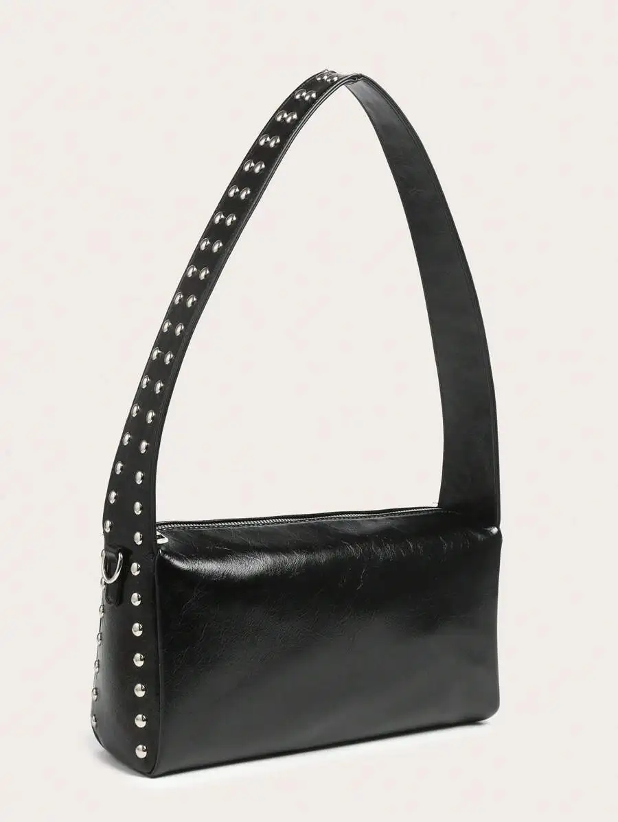 

Black Square Shoulder Bag with Silver Rivet Strap, Adjustable Wide Strap, Minimalist Design