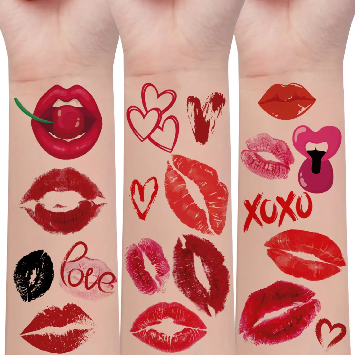 10 Sheets (80 Designs) of Red Lip Print Heart Pattern Temporary Tattoos, Part of The Valentine'S Day Series, Suitable for Couple