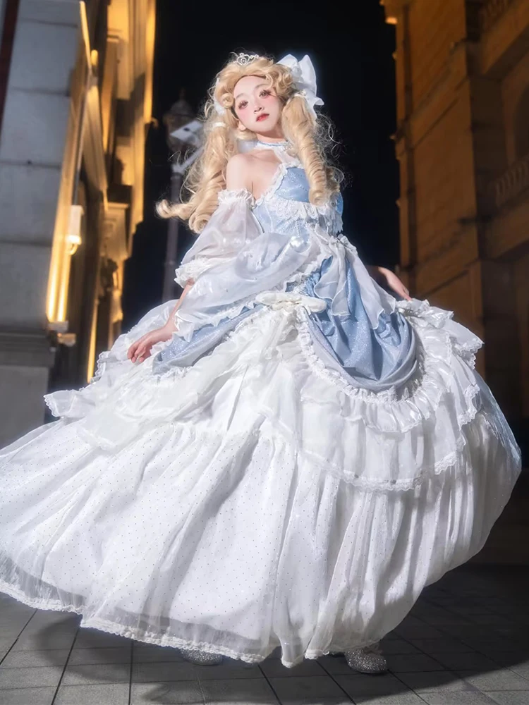 Blue Cinderella Lolita Dress Princess Style Long Evening Gown for Women Adult Ceremony Birthday Party KTV Company Dinner Perf