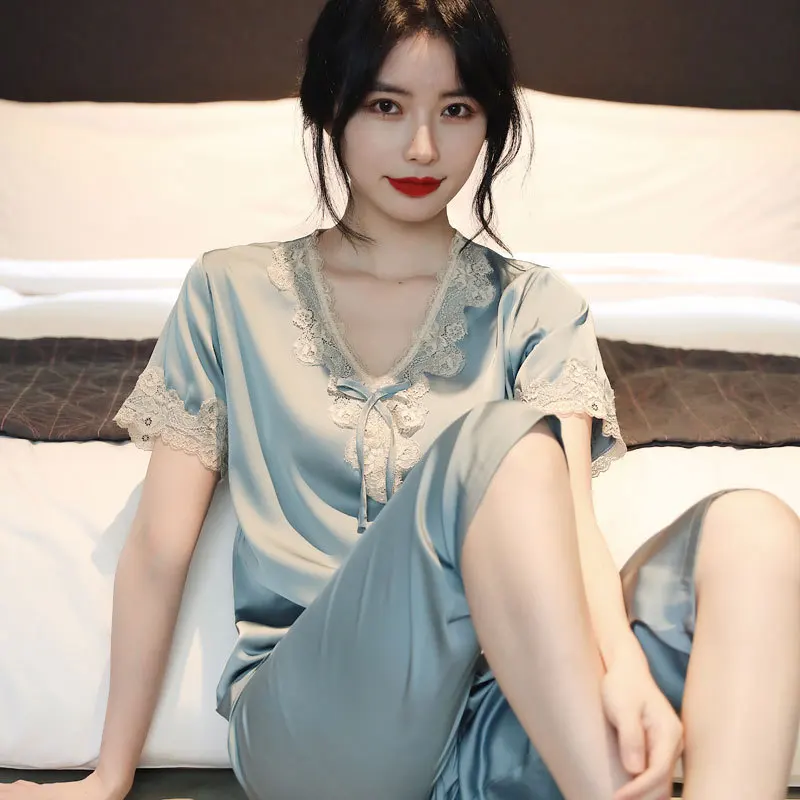 

2021 new home clothes suit pajamas summer women's ice silk short sleeved trousers can be worn out