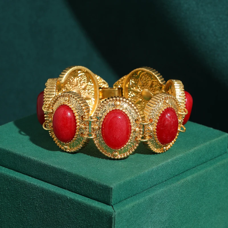 

Vintage Oval Red Bracelets Women Brand Luxury Natural Stone Antique Gold Plated Jewelry Chain Retro Charm Wedding Art Deco 2026
