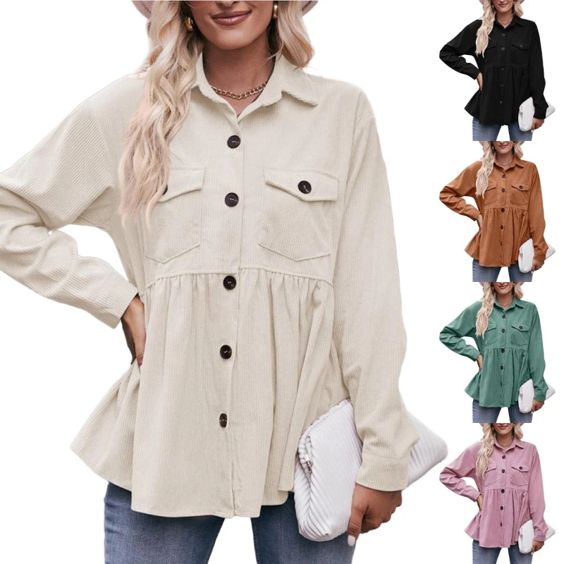 

Women Corduroy Shacket Button Down Shirt Long Sleeve Babydoll Blouses Dropship