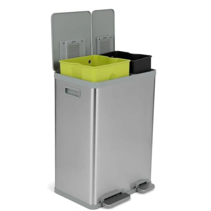 

16 Gallon Dual Compartment Step Trash Can for Kitchen with Waste Recycling Bins Brushed Stainless Steel Slow-Close Lid Odor Con