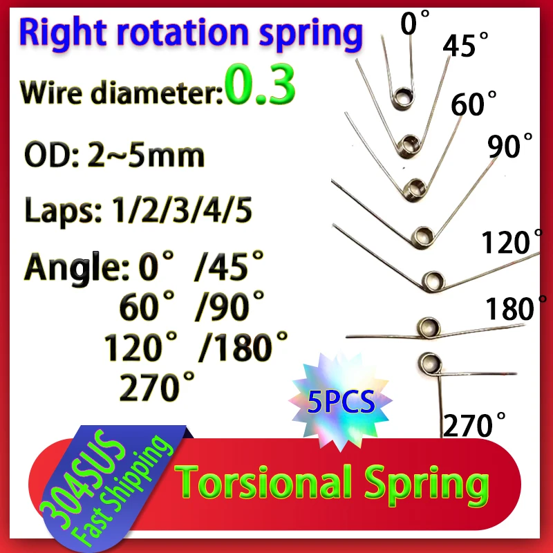 5 sztuk średnicy drutu 0.3mm obrotowa w prawo sprężyna skrętowa 304 ze stali nierdzewnej sprężyna skrętowa liczba obrotów 1/2/3/4/5