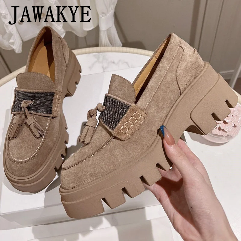 

JAWAKYE Suede Platform Increase Shoes Women Slip on Round toe Thick Sole Tassels Loafers Shoes Casual Retro Shoes for women