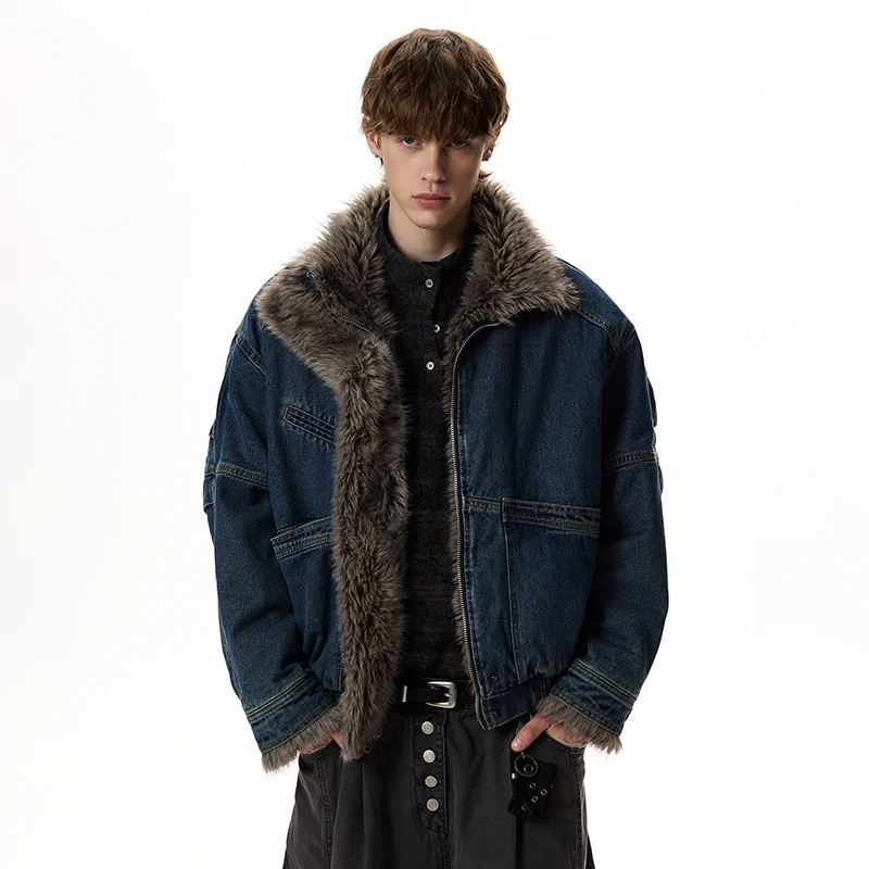 LUZHEN Splicing High Quality Faux Fur 2026 Design Winter Denim Padded Coat Men's Fashion Handsome Thickened Parka Jacket JY9146