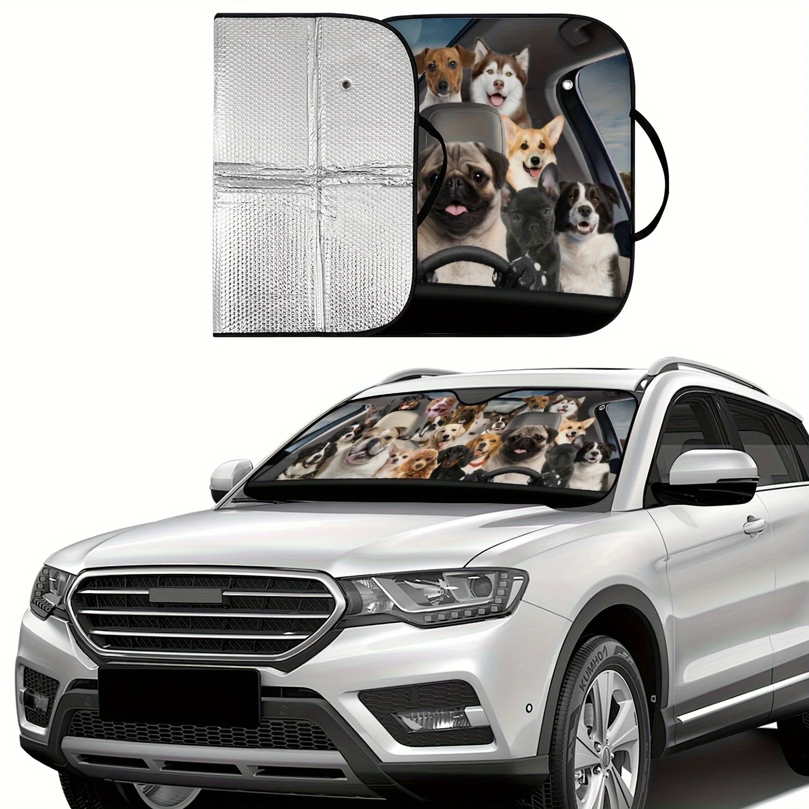 عبوة واحدة من مظلة الزجاج الأمامي للحماية من الأشعة فوق البنفسجية على شكل كلب، مادة فقاعات من رقائق الألومنيوم مقاس 54 بوصة، مقاومة للخدش وقابلة للطي في السيارة #4