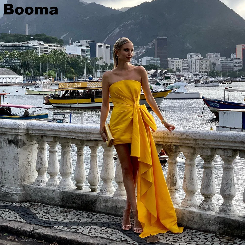 

Booma Yellow Stain Cocktail Dresses Strapless Simple Mini Mermaid Prom Dresses with Train Party Events Gowns for Women Evening