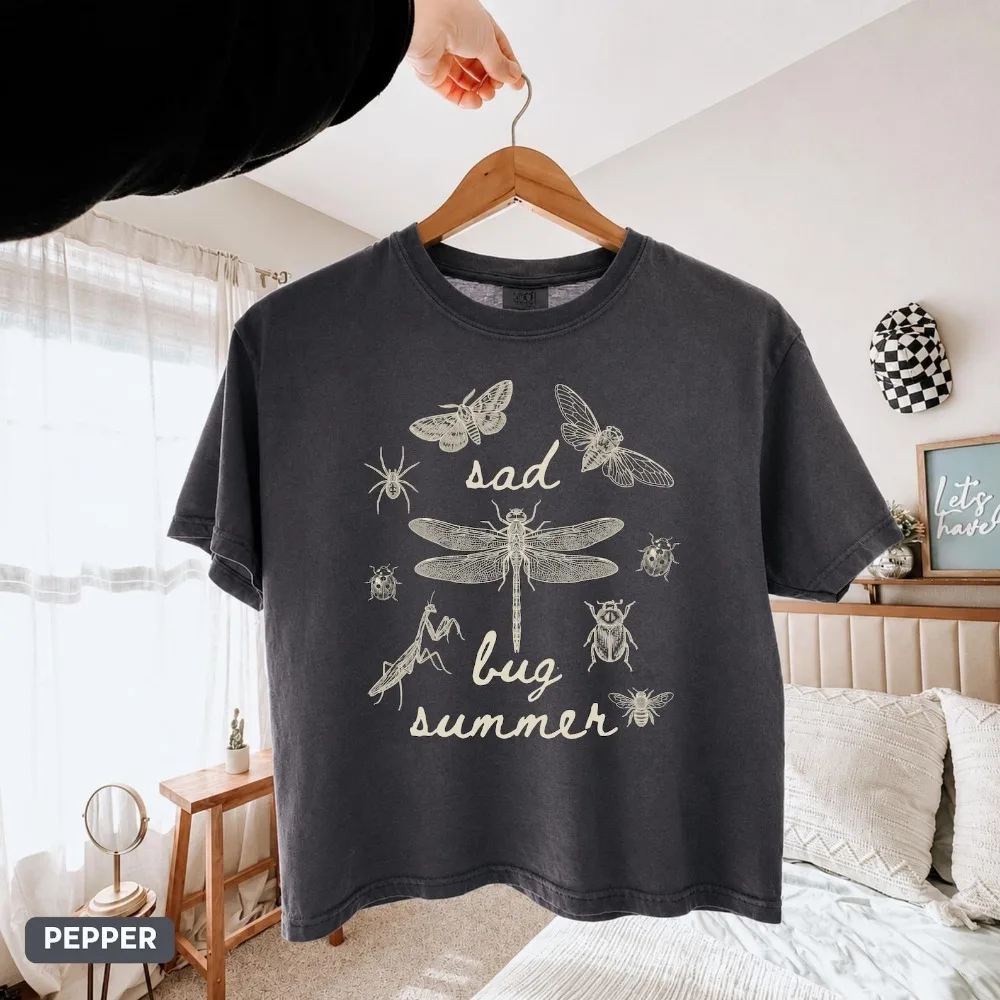 Retro Sad Bug Summer Boxy Tee Bug Shirt Cottagecore Insect Crop Top Nature Summer Crop Gift for Her Short Sleeve Tops