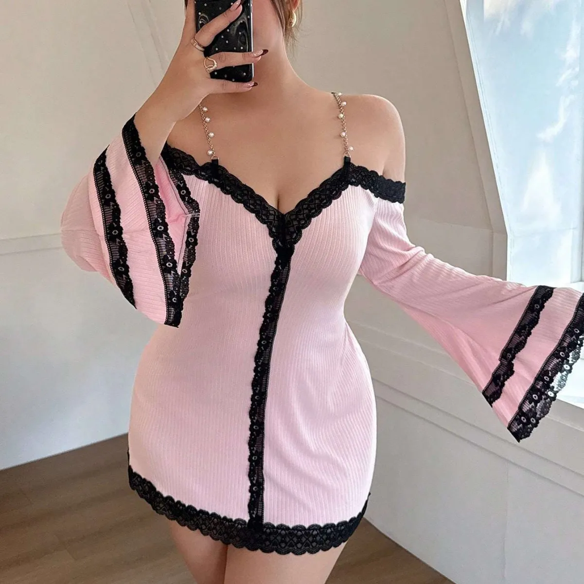 Pink Ribbed Mini Dress Featuring Wide Bell Sleeves And Pearl Chain Straps Delicate Lace Trim Design Cute Charming Sleepwear