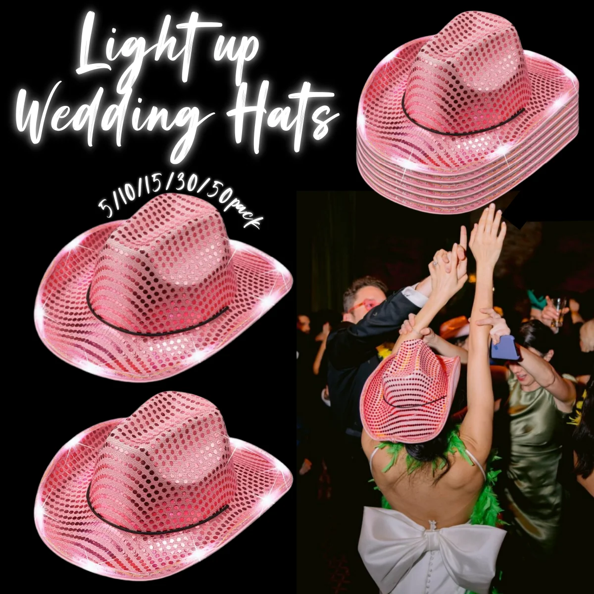 

5-50pcs Wedding Light Up Cowboy Hat Led Cowboy Hat Cowgirl Party Hats for Wedding Reception Dance Bachelor Party Favors