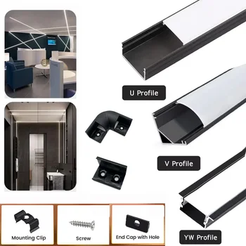 Profilés LED encastrés en aluminium en forme de V/U/YW, support de canal d'angle, couvercle noir/laiteux, barre diffuseur pour bandes lumineuses de 8mm, 10mm, 12mm