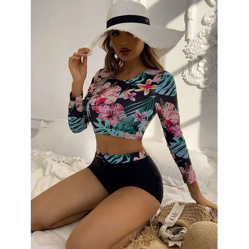 Maiô estampado floral feminino, sexy manga longa, shorts de biquíni de cintura alta, moda praia brasileira, maiô de duas peças