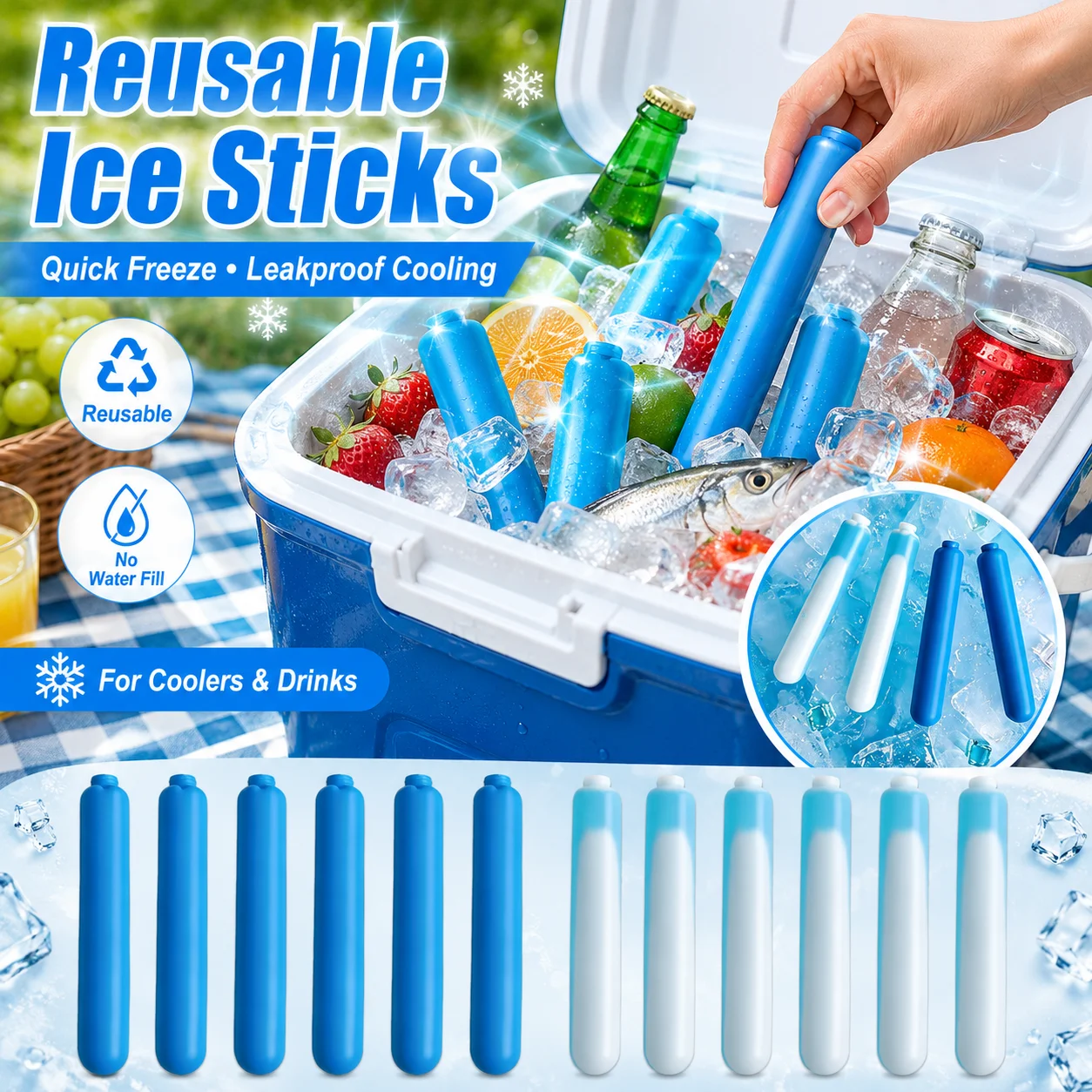 Reusable Ice Sticks Quick Freeze Leakproof Pre-Filled Cooling Rod No Water Refill Cooler Ice Bars For Cooler Box Beverage Picnic