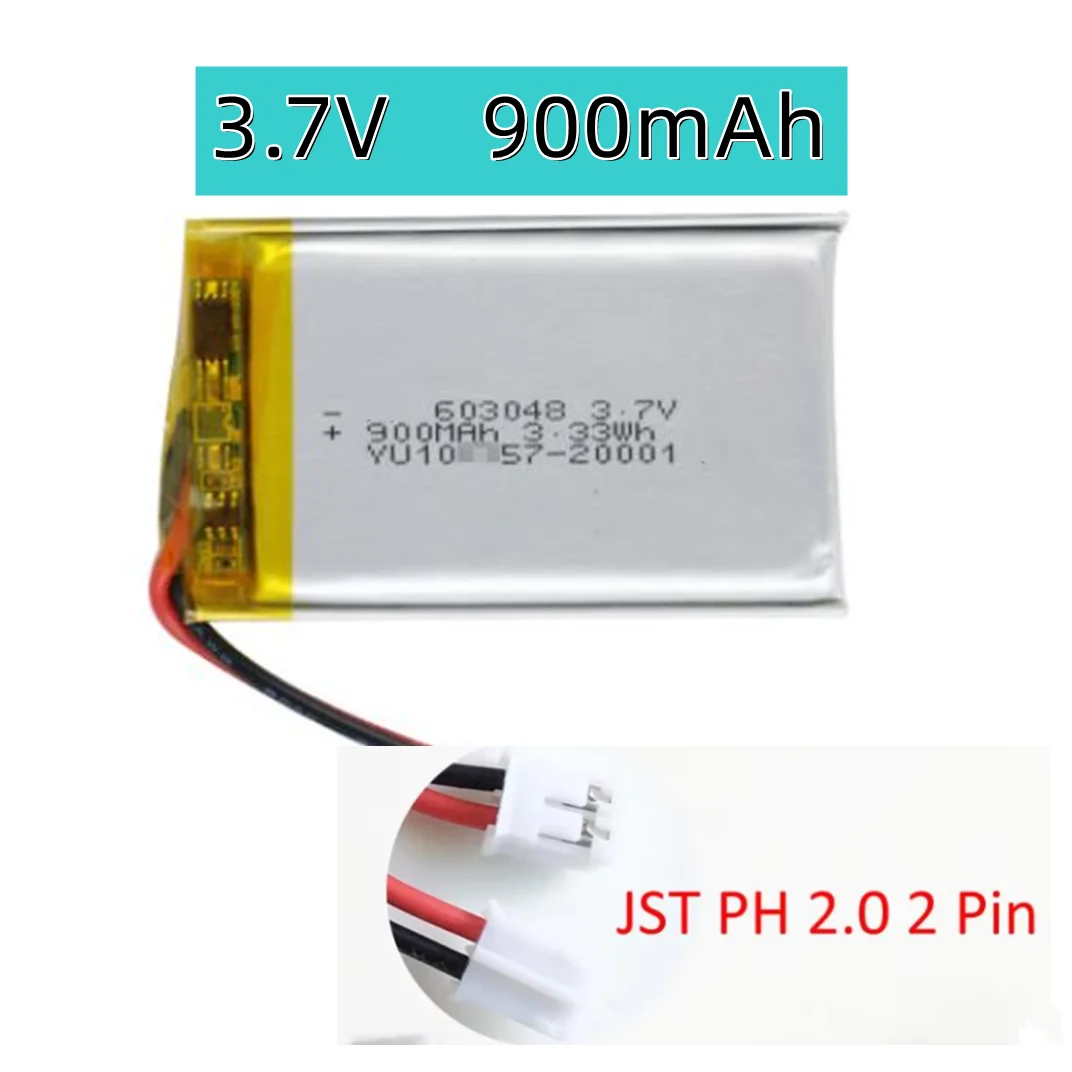 3.7V 900mAh Lipo Rechargeable Battery 603048 + JST 2.0mm 2Pin Plug For MP3 GPS DVD Bluetooth Recorder Headset E-book Camera