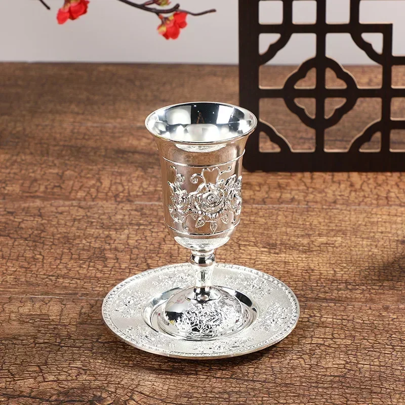 Silver Plated Kiddush Cup Nickel Plated Wine Cup with Saucer Judaica Shabbos Wine Cup Passover for Shabbat Havdalah Holiday Gift