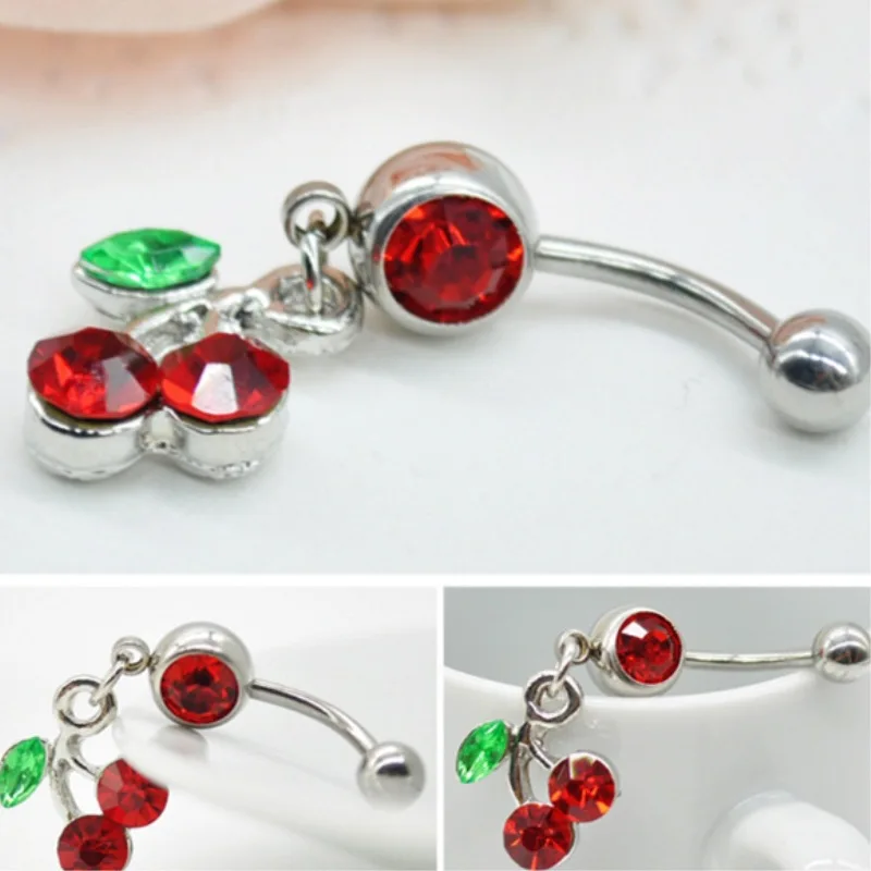1pc Cute Cherry Rhinestone Stainless Steel Navel Ring Belly Button Ring Navel Piercing Jewelry for Women Daily Holiday & Party