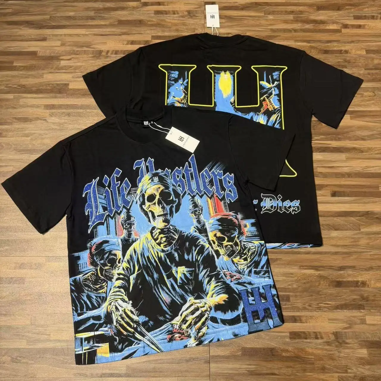 Life Hustlere Surgical Skull Print High Street Rhinestone Vintage Loose Casual Pure Cotton Short Sleeve T-Shirt City Walk Cas...