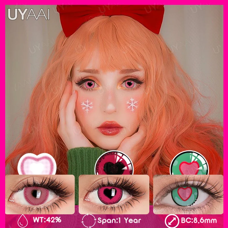 UYAAI Color Contact Lens for Eyes Soft Yearly 1Pair Halloween Pink Eye Cosplay Lenses Heart Cosmetic Lenses Anime Accessories