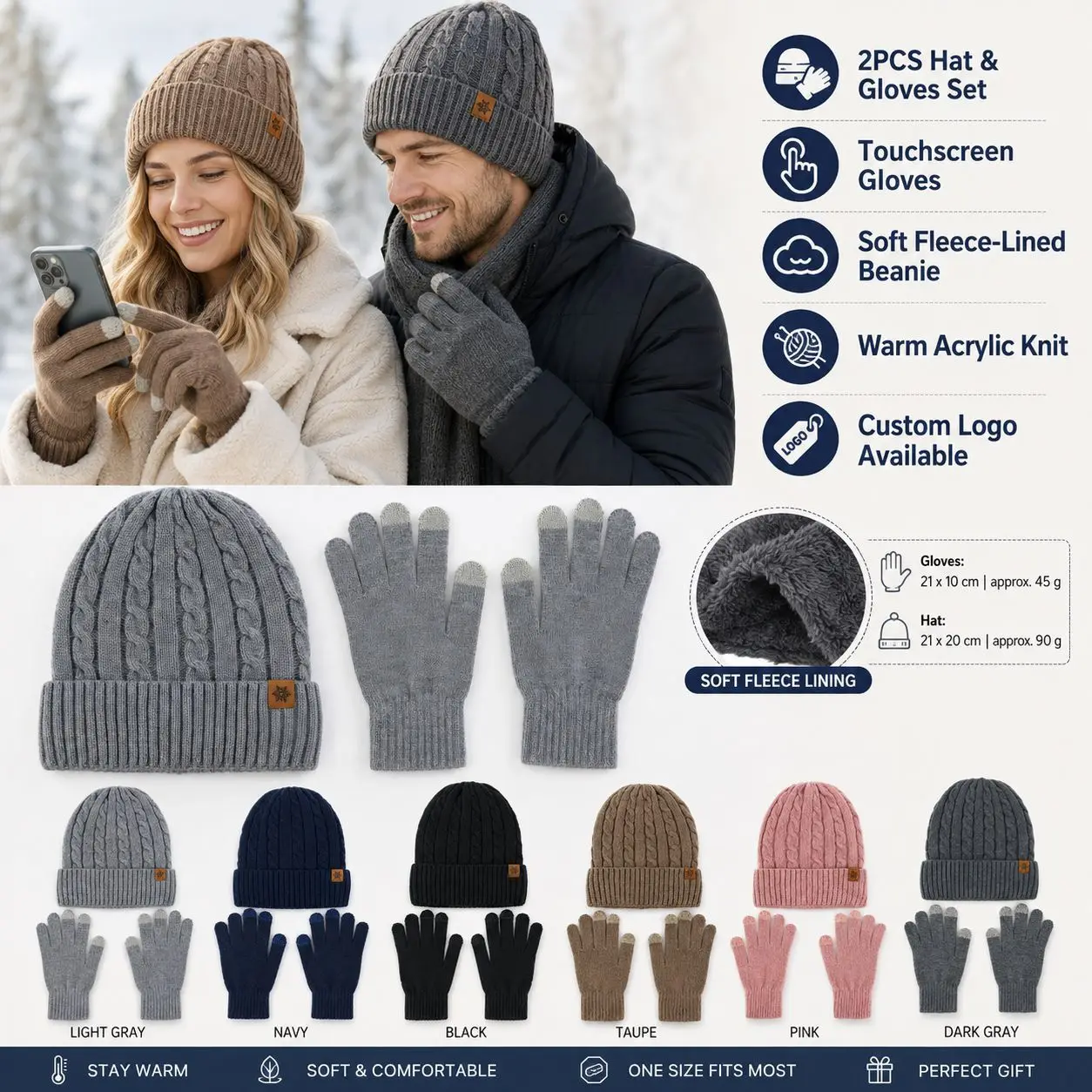 2Pcs Winter Hat Gloves Set Double-Layer Plush, Cold Proof, Warm, Touch Screen Warmer Suit Pompom Knitted Woman Men Cap Set