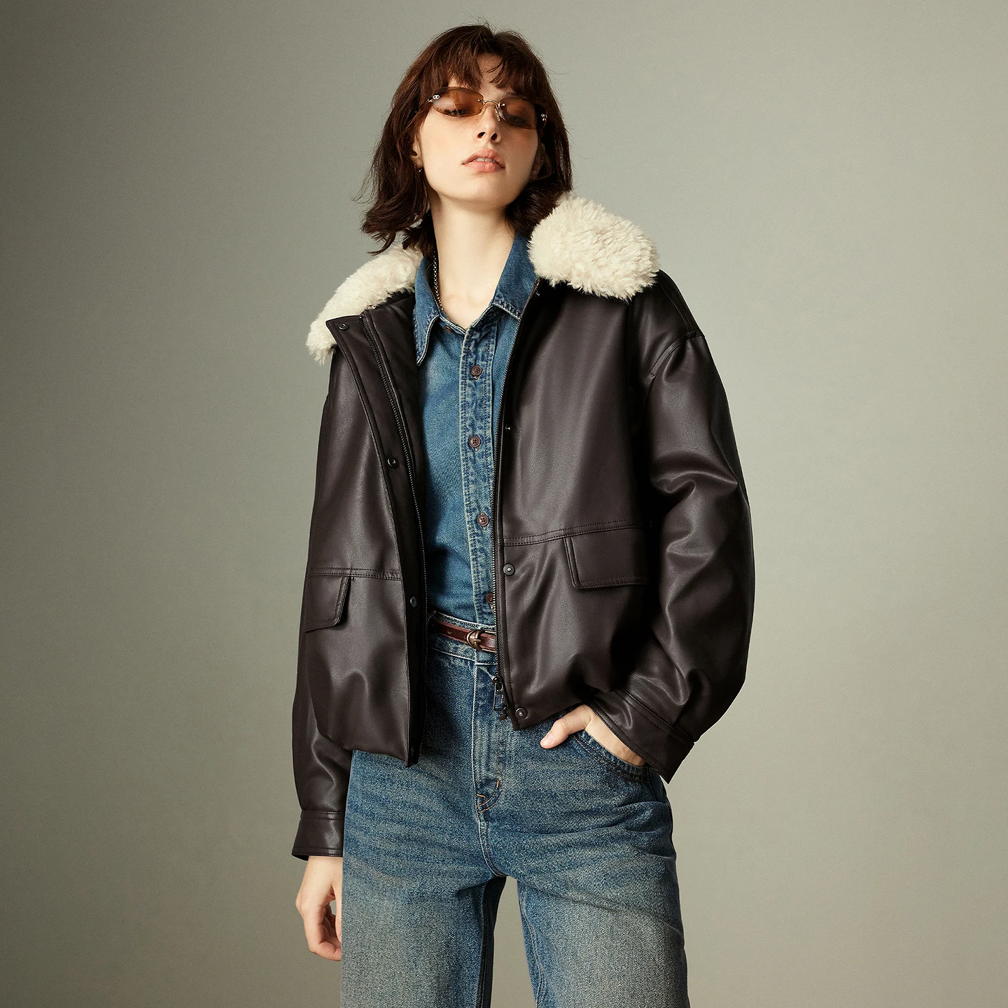 TOYOUTH Women PU Leather Jackets 2025 Winter New Fleece Collar Maillard Coffee Color Oversized Jacket Outerwear