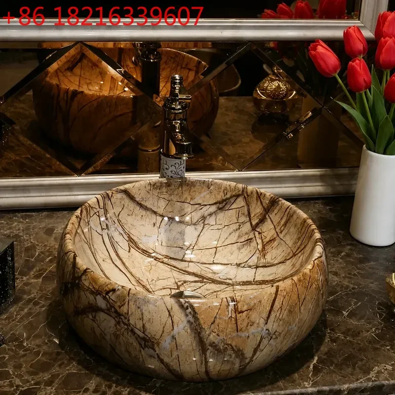 YAO High Temperature Electroplated Gold Ceramic Wash Basin Art Oval Sink with Golden Flower Pattern Bathroom Lavatory