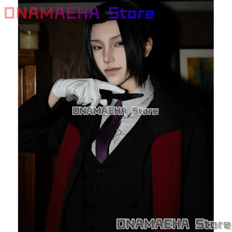 

ONAMAEHA*/Straayy Anime Dog Cosplay Mori Ogai Costume Handsome Black Suit Coat Pants Vest Tie Red Scarf Wigs Set Halloween