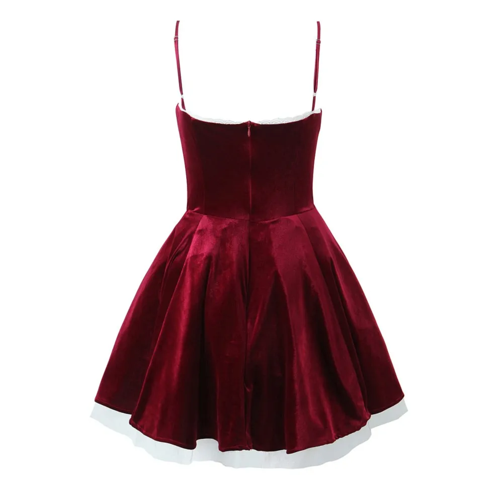 Princess Wine Red Velvet Corset Style Sling Dress Women Lace V Low Chest 2-layers Lining Hem Ball Gown Swing Mini Robe