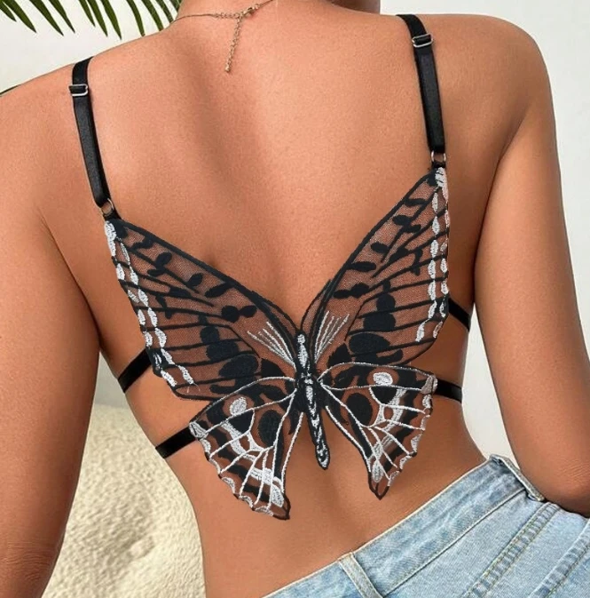 

Butterfly Lace Patchwork Beautiful Back Strap V-Neck Sexy Black Women's Summer New Solid Color Bottom Can Be Worn Externally