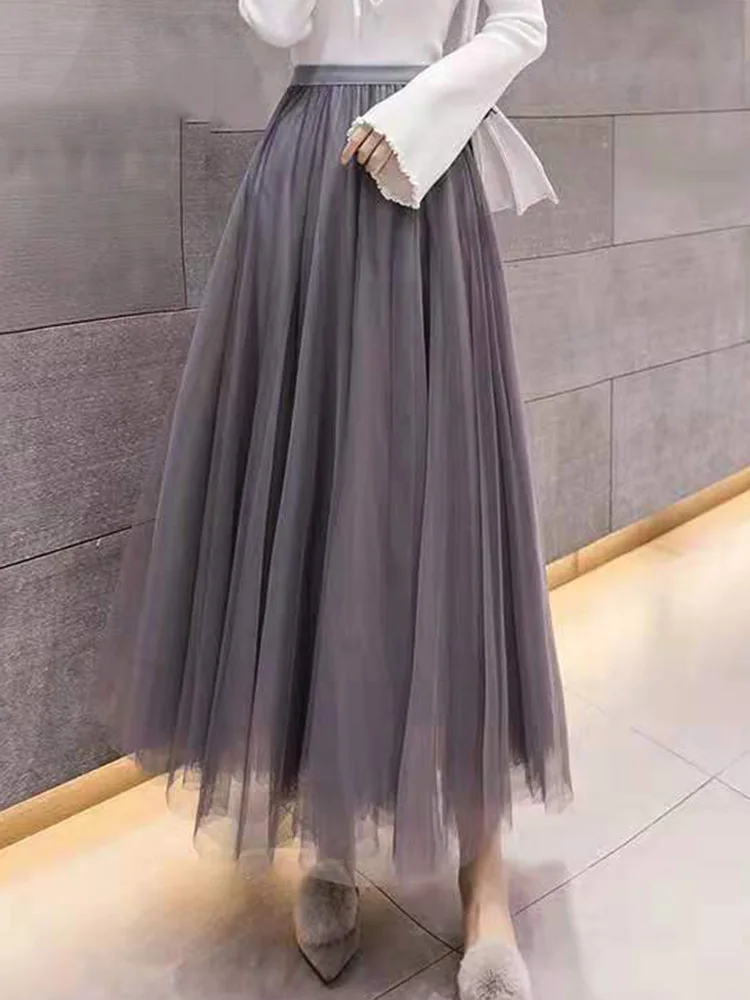 Mesh New Summer A-line Long Skirt Women High Waist Elegant Ladies Pleated Streetwear Elastic