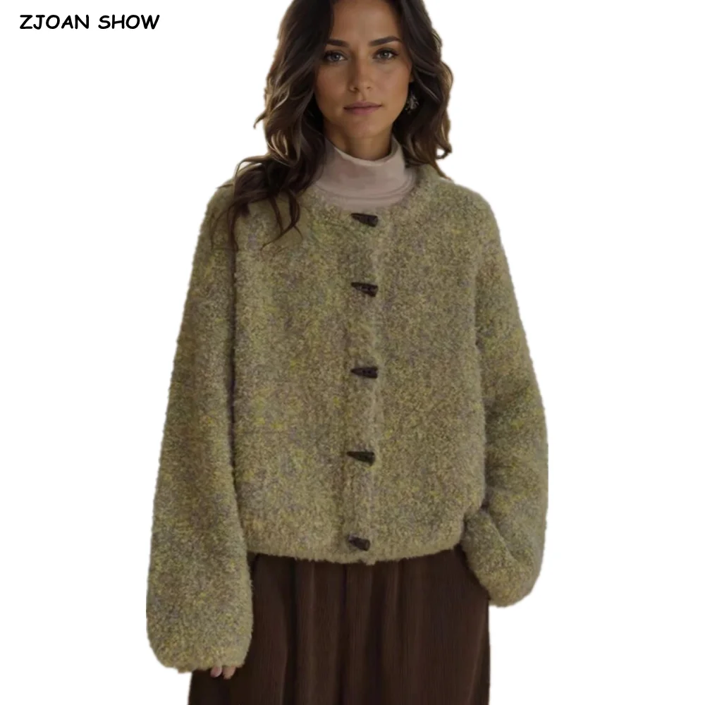 

Новый осенний кардиган в стиле ретро с круглым вырезом, лохматый вязаный кардиган, женский однобортный свитер с длинными рукавами и роговыми пуговицами, свободный джемпер, трикотаж